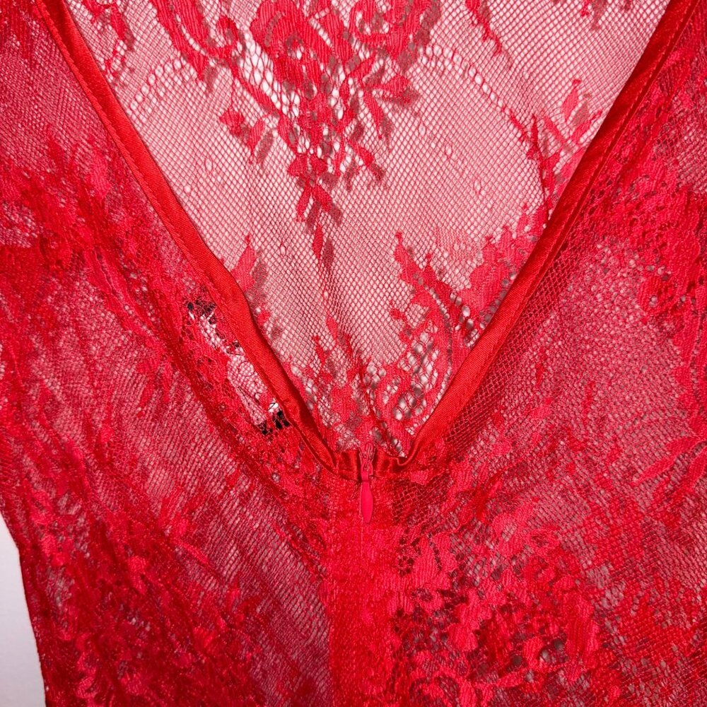Sheer Red Lace Long-Sleeve Maxi Dress Deep V-Back By Fashion Nova Size M - Picture 4 of 7